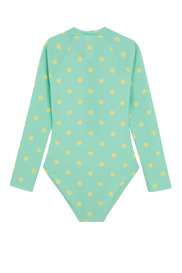 GIRLS DOTTED, LONG SLEEVE SWIMSUIT IN GREEN