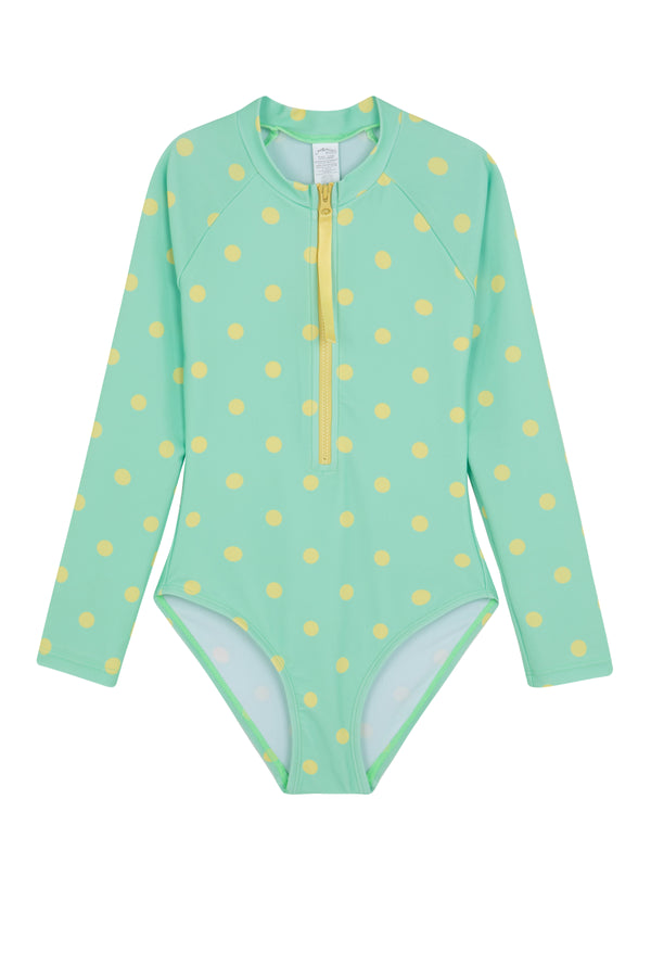 GIRLS DOTTED, LONG SLEEVE SWIMSUIT IN GREEN