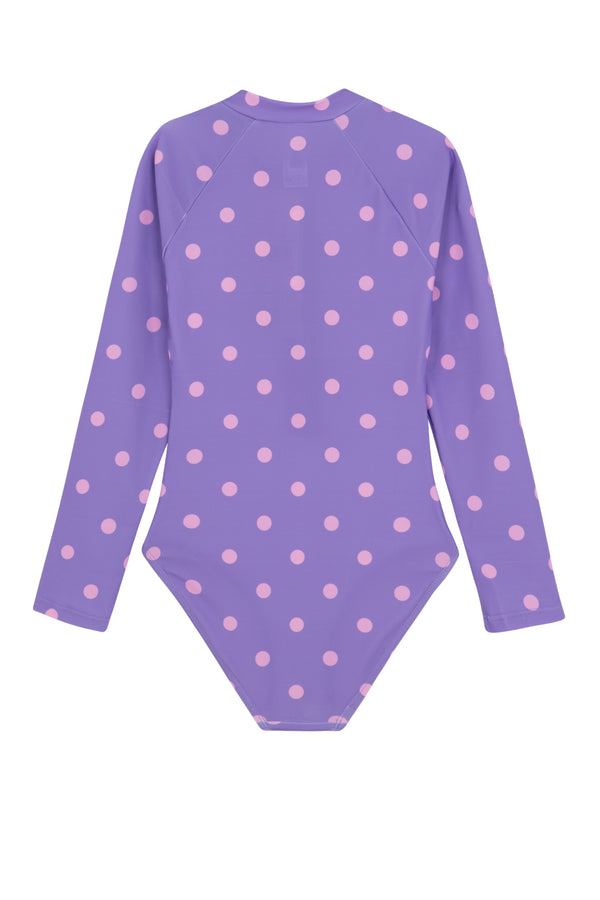 GIRLS DOTTED, LONG SLEEVE SWIMSUIT IN PURPLE