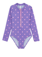 GIRLS DOTTED, LONG SLEEVE SWIMSUIT IN PURPLE