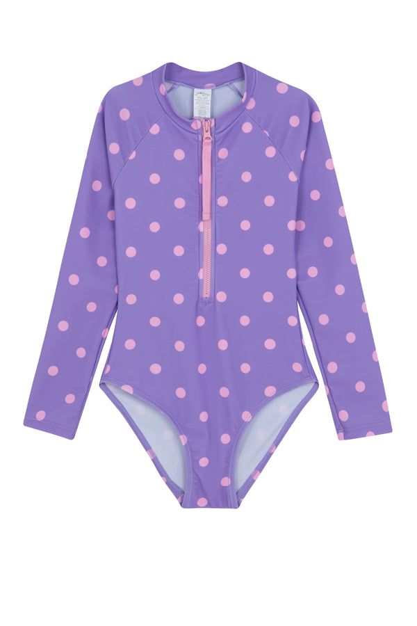 GIRLS DOTTED, LONG SLEEVE SWIMSUIT IN PURPLE