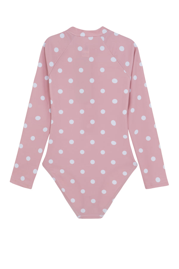 GIRLS DOTTED, LONG SLEEVE SWIMSUIT IN PINK