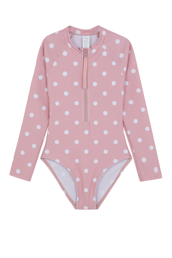 GIRLS DOTTED, LONG SLEEVE SWIMSUIT IN PINK