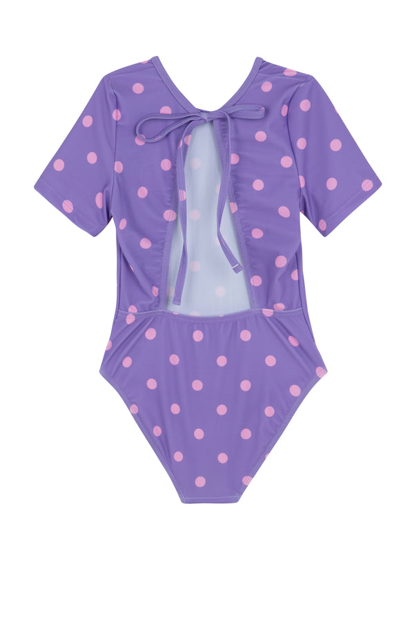 GIRLS DOTTED, SHORT SLEEVE SWIMSUIT IN PURPLE