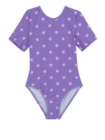 GIRLS DOTTED, SHORT SLEEVE SWIMSUIT IN PURPLE