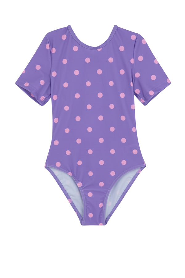 GIRLS DOTTED, SHORT SLEEVE SWIMSUIT IN PURPLE