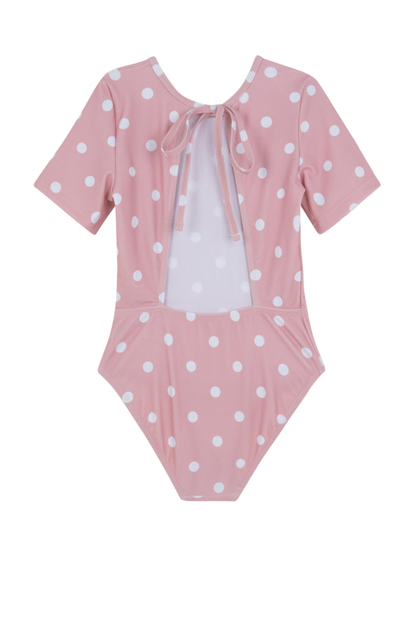 GIRLS DOTTED, SHORT SLEEVE SWIMSUIT IN PINK