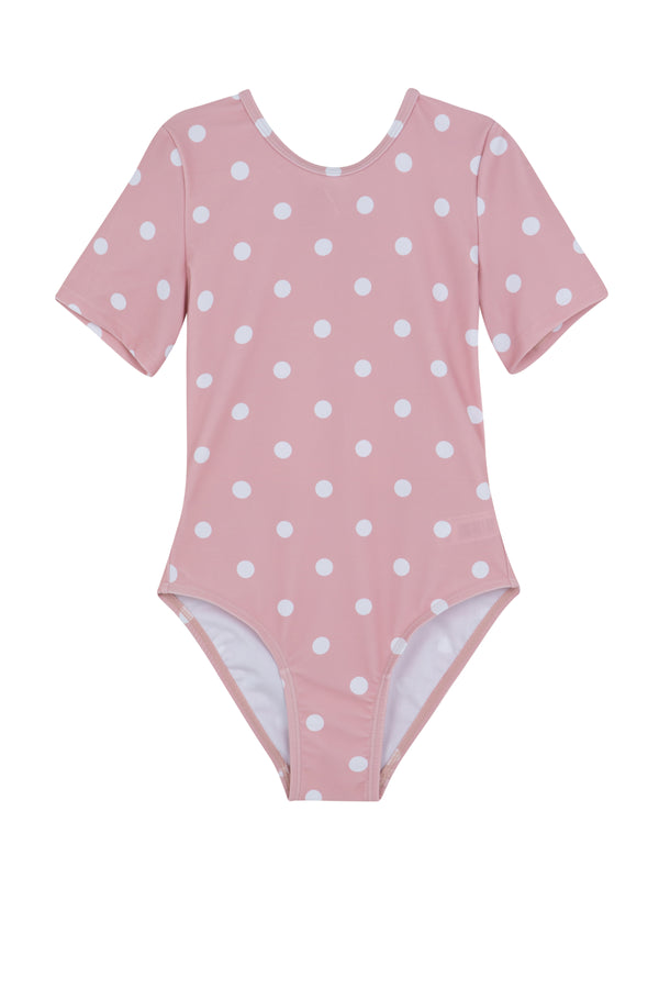 GIRLS DOTTED, SHORT SLEEVE SWIMSUIT IN PINK
