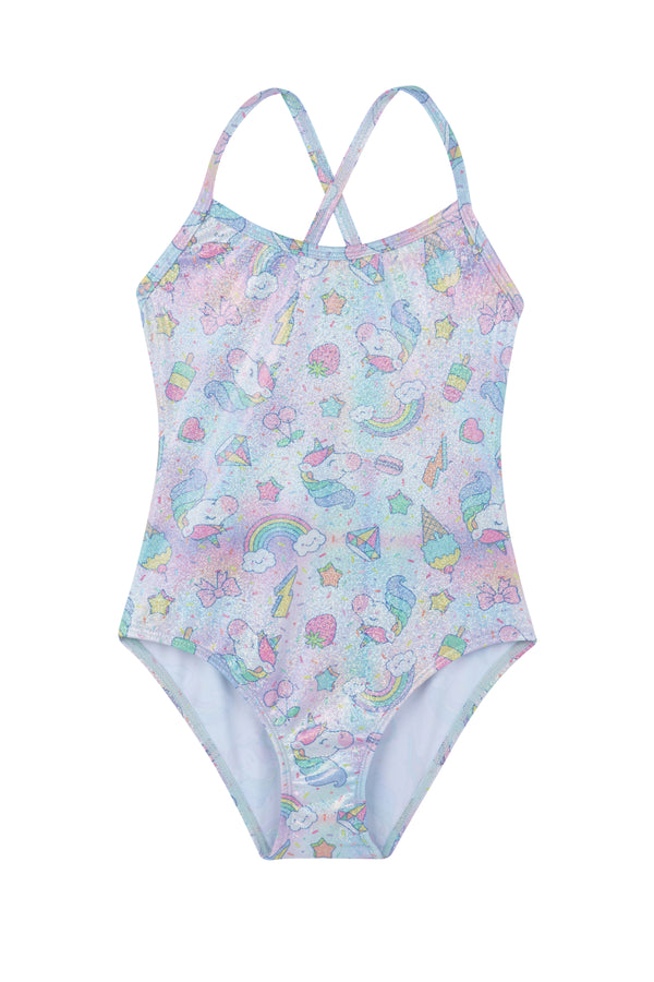 GIRLS SWIMSUIT IN SHINY UNICORN PRINT