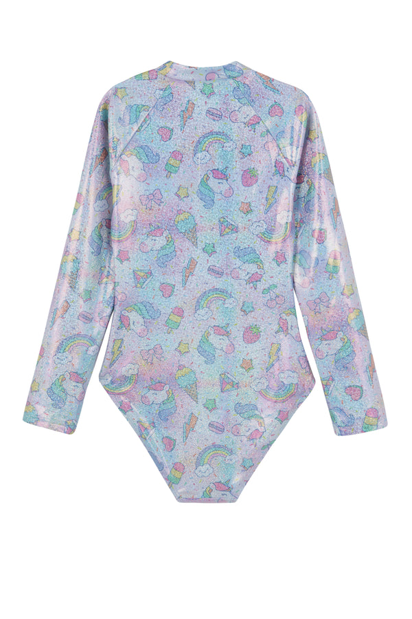 GIRLS LONG SLEEVE SWIMSUIT IN SHINY UNICORN PRINT
