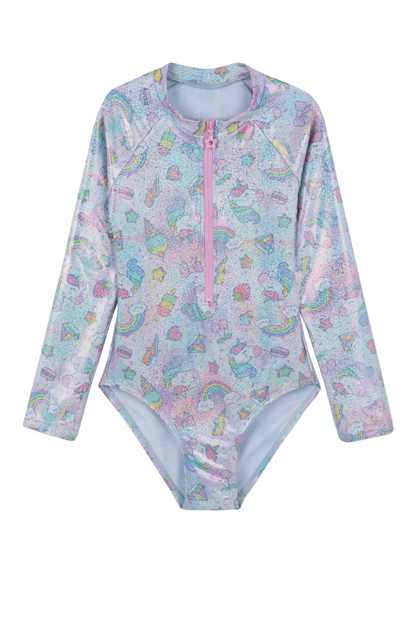 GIRLS LONG SLEEVE SWIMSUIT IN SHINY UNICORN PRINT