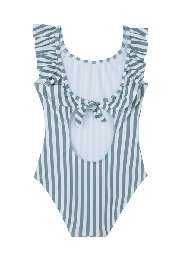 GIRLS GREEN STRIPED SWIMSUIT WITH RUFFLED SLEEVE