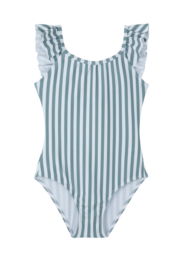 GIRLS GREEN STRIPED SWIMSUIT WITH RUFFLED SLEEVE