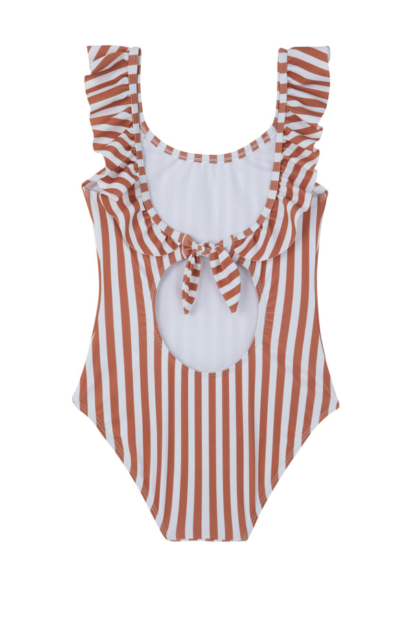 GIRLS TERRACOTTA STRIPED SWIMSUIT WITH RUFFLED SLEEVE