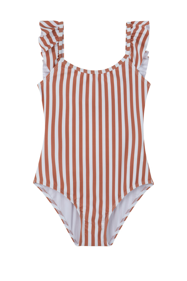 GIRLS TERRACOTTA STRIPED SWIMSUIT WITH RUFFLED SLEEVE