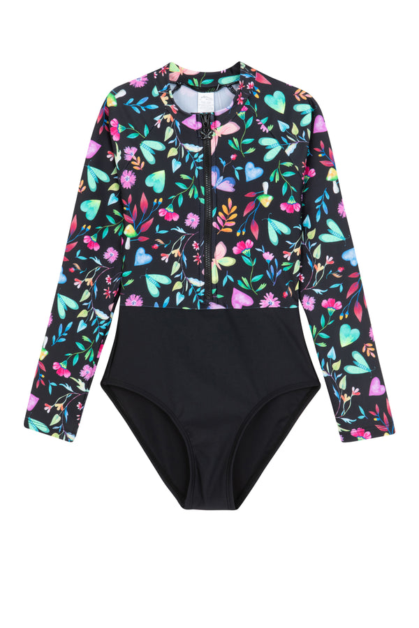 GIRLS MULTI-PRINT LONG SLEEVE SWIMSUIT
