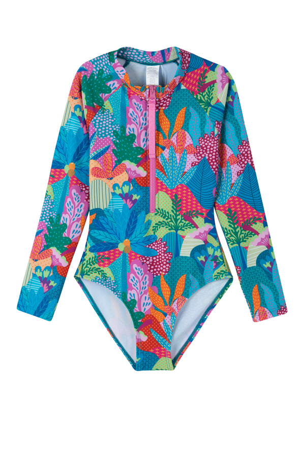 GIRLS LONG SLEEVE TROPICAL SWIMSUIT