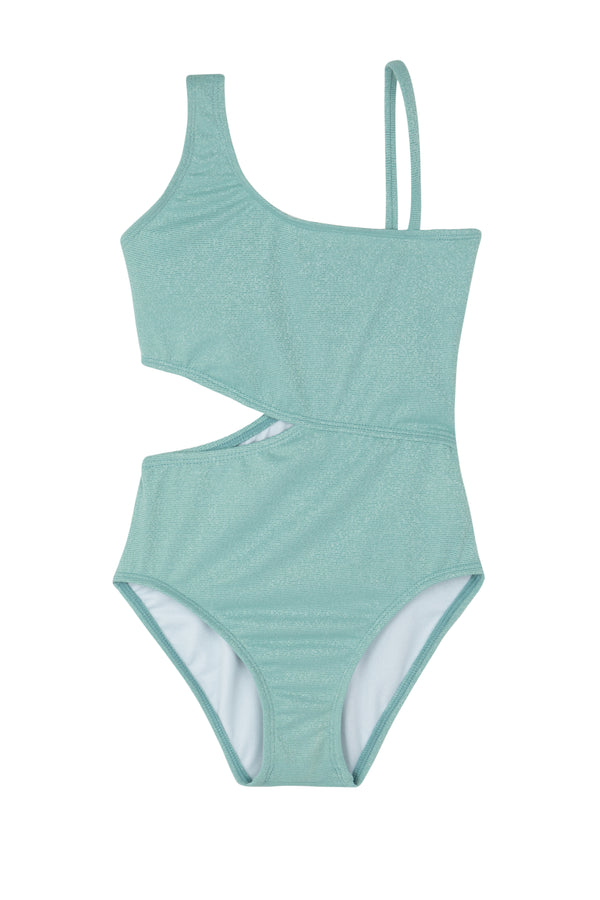 GIRLS ONE SHOULDER SWIMSUIT IN TURQUOISE