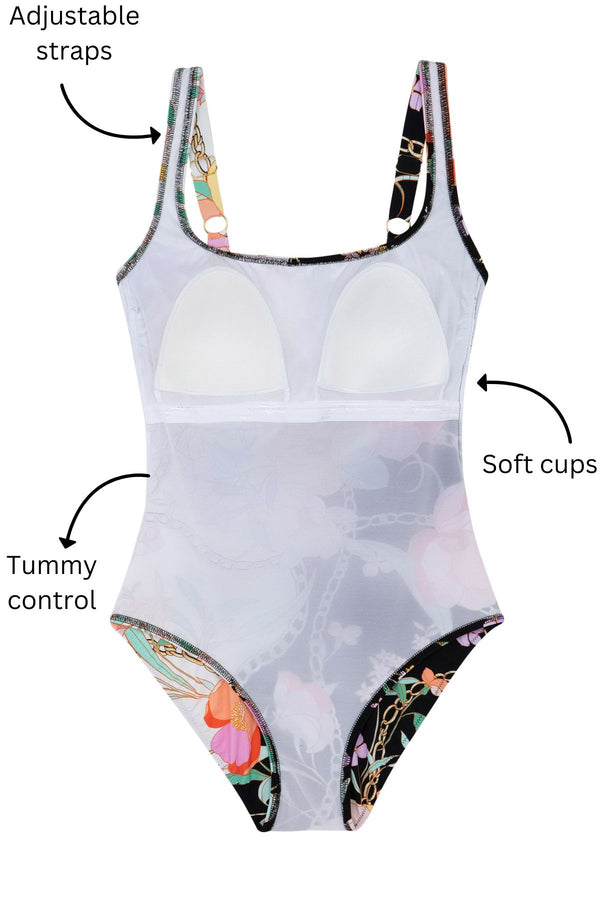 GOTTEX MEMORIES OF CAPRI SQUARE NECK ONE PIECE SWIMSUIT - BLACK