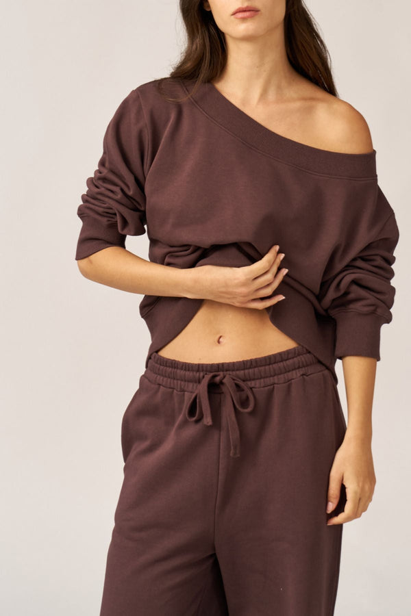 BROWN FRENCH TERRY OFF-SHOULDER TOP