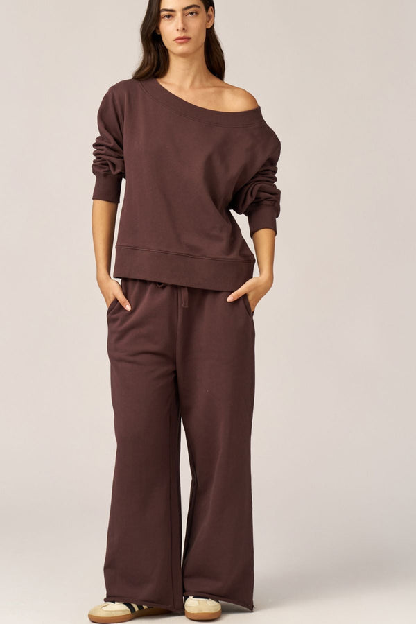 BROWN FRENCH TERRY OFF-SHOULDER TOP