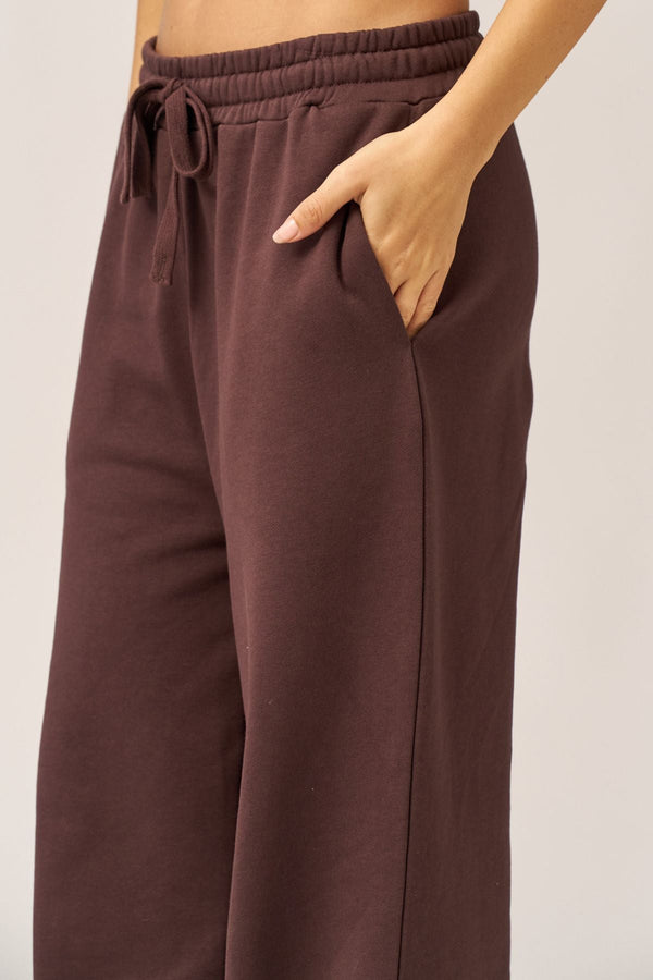 BROWN FRENCH TERRY WIDE LEG PANTS