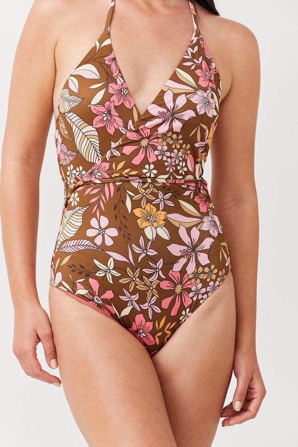 LUMA RESORT FLOWER SURPLICE HALTER ONE PIECE SWIMSUIT