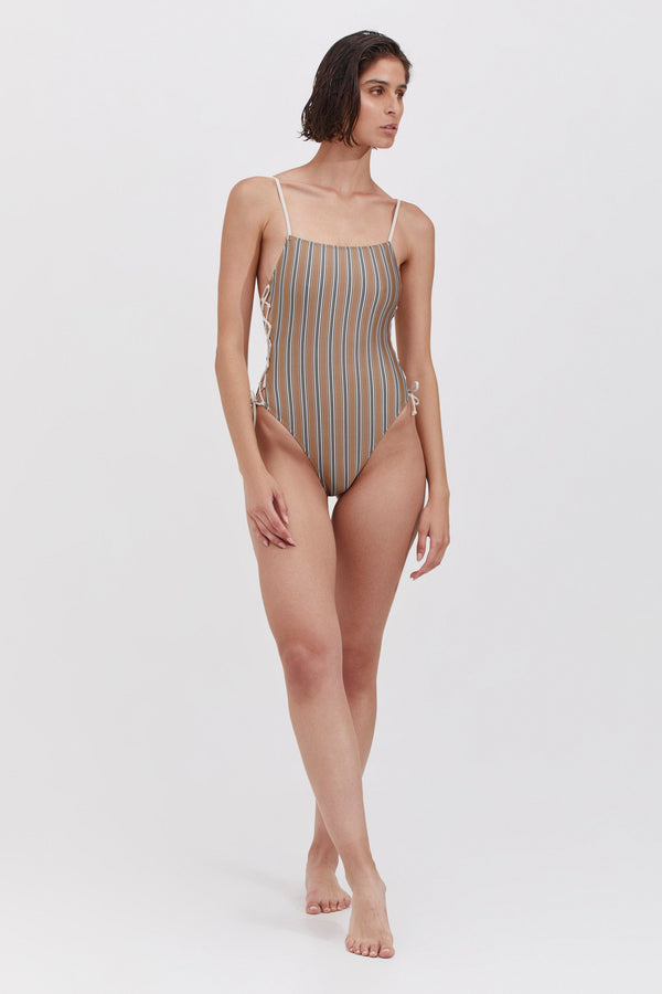 STRIPED SQUARE NECK ONE PIECE IN CAMEL