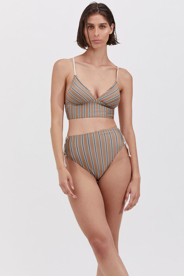 STRIPED HIGH RISE BIKINI BOTTOM IN CAMEL