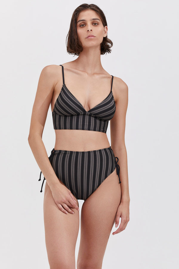 STRIPED HIGH RISE BIKINI BOTTOM IN GREY