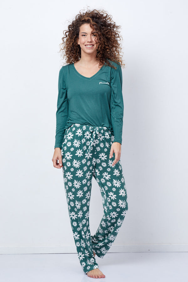Women's V-Neck Pyjamas Set Floral Green