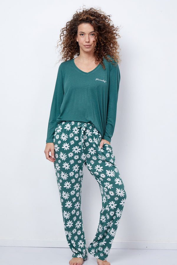 Women's V-Neck Pyjamas Set Floral Green