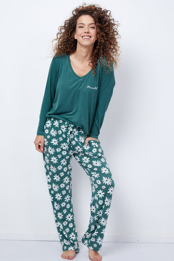 Women's V-Neck Pyjamas Set Floral Green