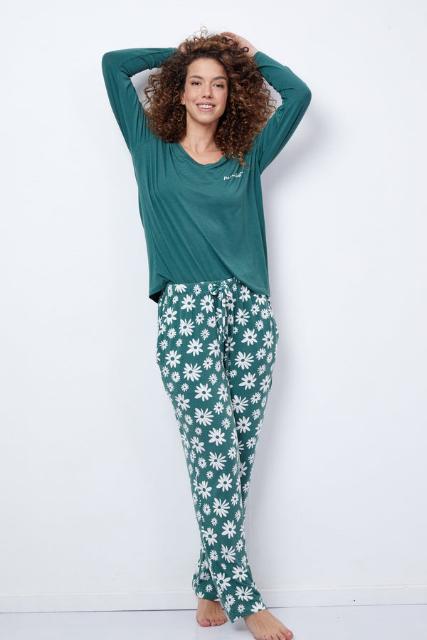 Women's V-Neck Pyjamas Set Floral Green