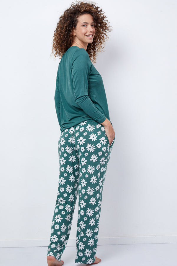 Women's V-Neck Pyjamas Set Floral Green