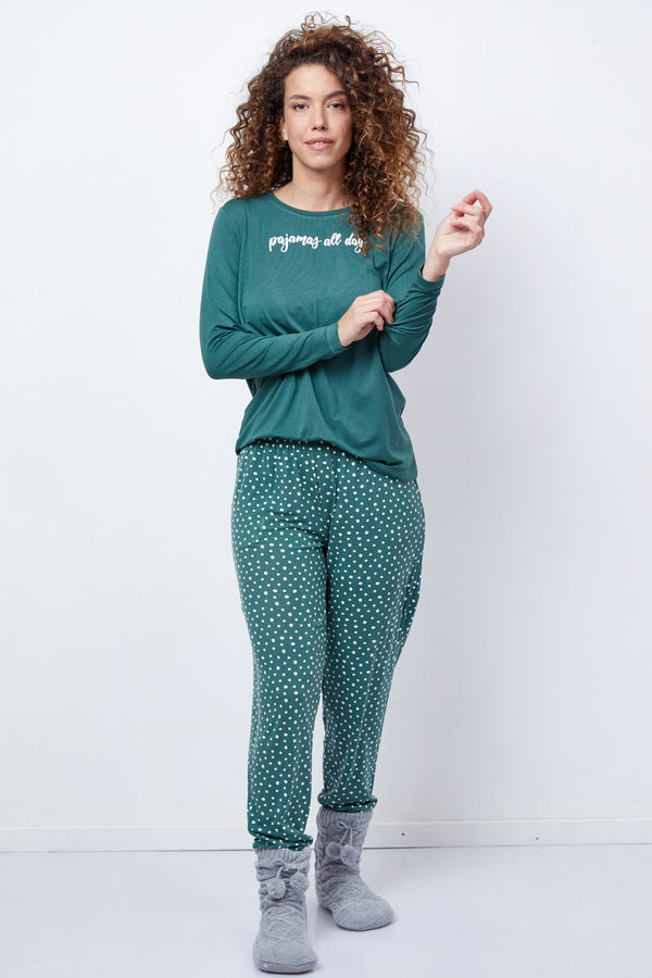 Women's Round Neck Pyjamas Set Floral Green