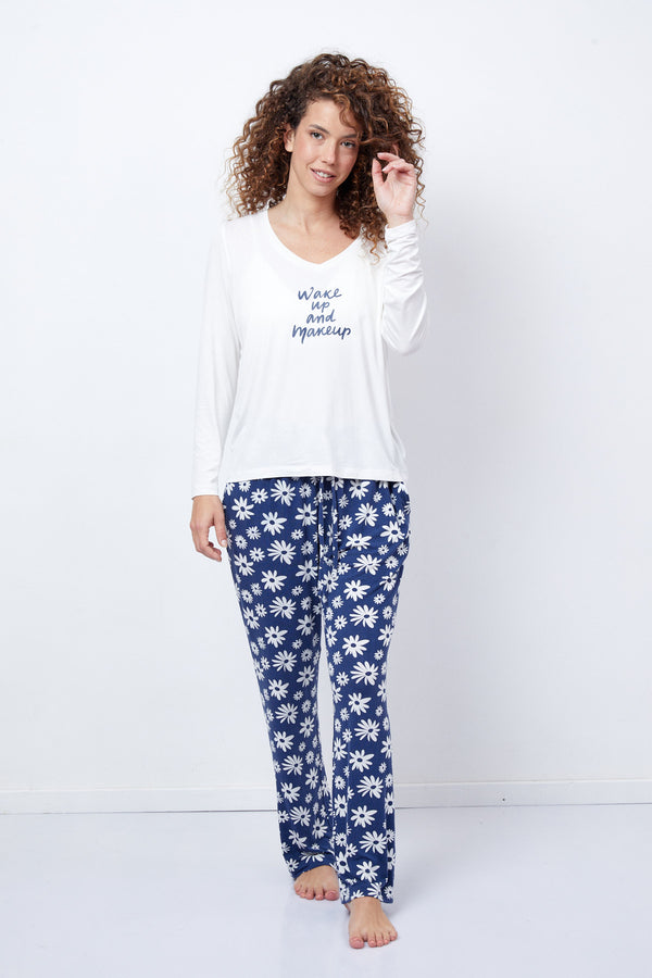 Women's V-Neck Pyjamas Set - Floral Blue