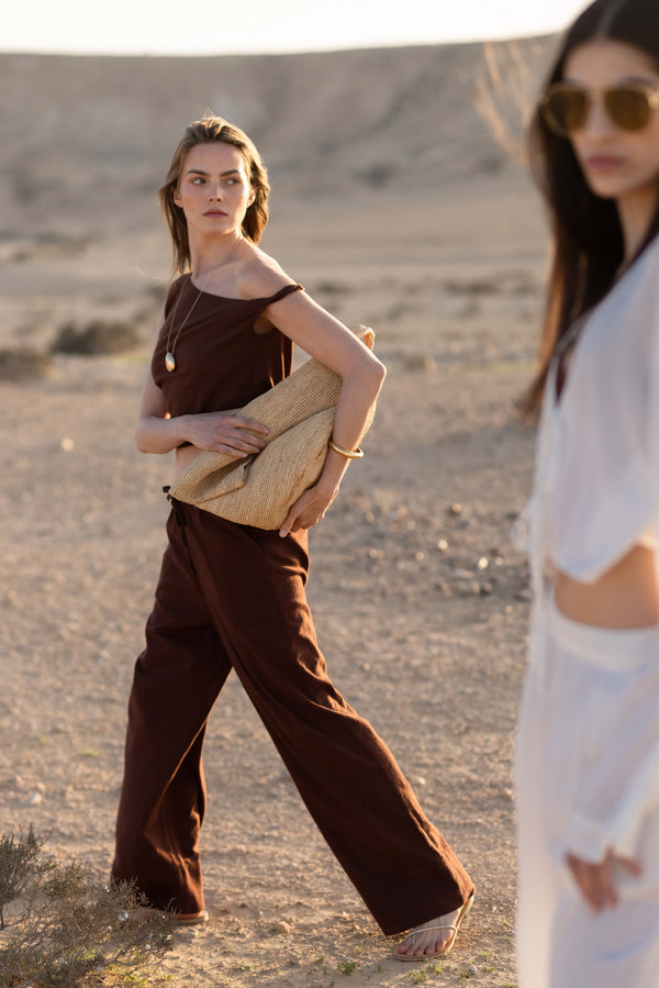 SORRENTO LINEN WIDE LEG PANT IN BROWN