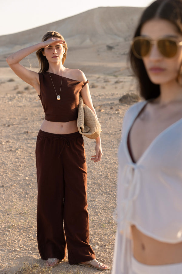 SORRENTO LINEN WIDE LEG PANT IN BROWN