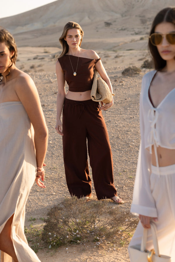SORRENTO LINEN WIDE LEG PANT IN BROWN