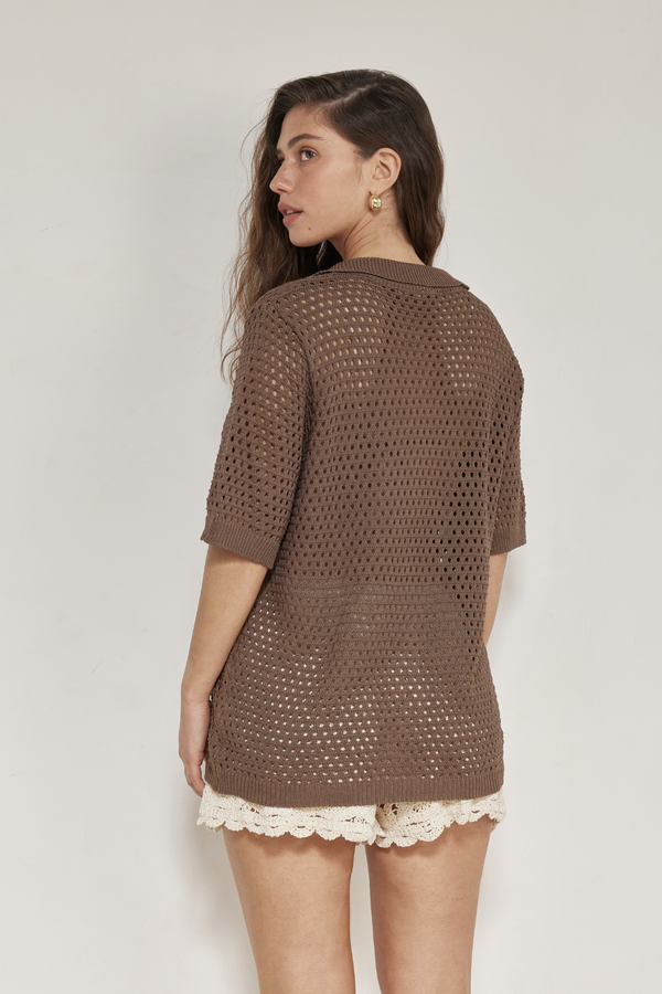Robbie Crochet Collared Beach Top-Brown