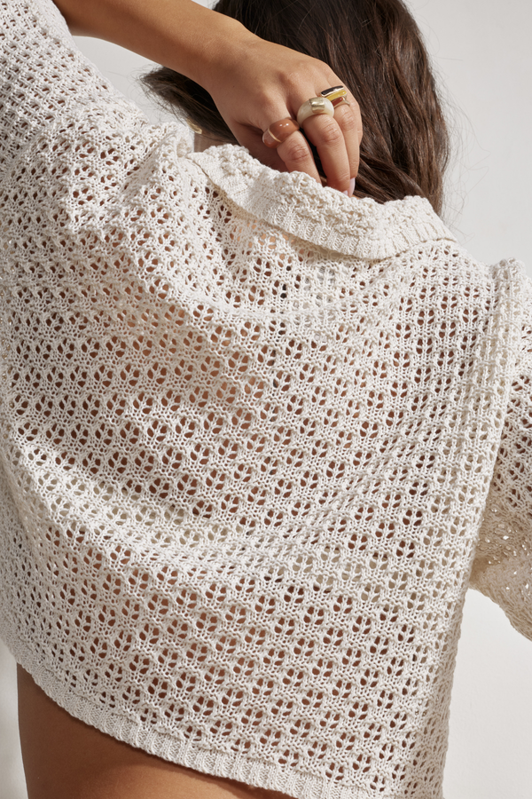 Anna Two Crochet Collared Beach Top-Beige