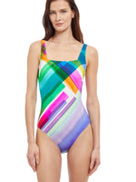 GOTTEX DIAGONAL DREAMS  SQUARE NECK ONE PIECE SWIMSUIT
