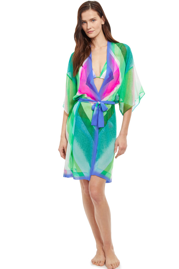 GOTTEX DIAGONAL DREAMS BELTED KIMONO COVER UP DRESS