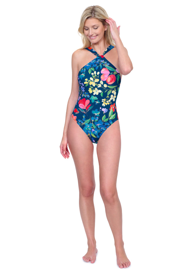 GOTTEX GARDEN DREAM HIGH NECK ONE PIECE SWIMSUIT- NAVY