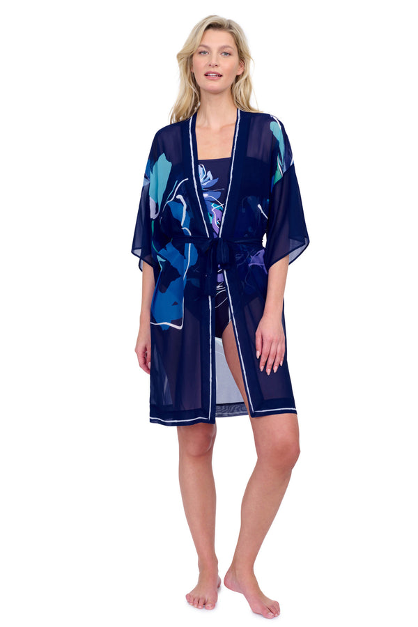 WATER LILY BELTED KIMONO BLUE