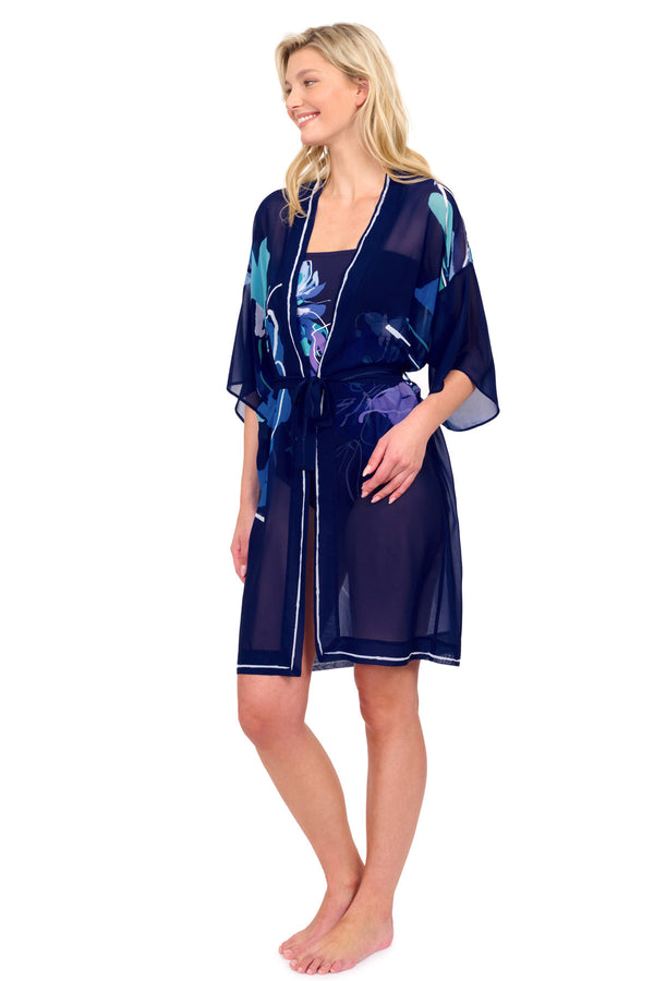 WATER LILY BELTED KIMONO BLUE
