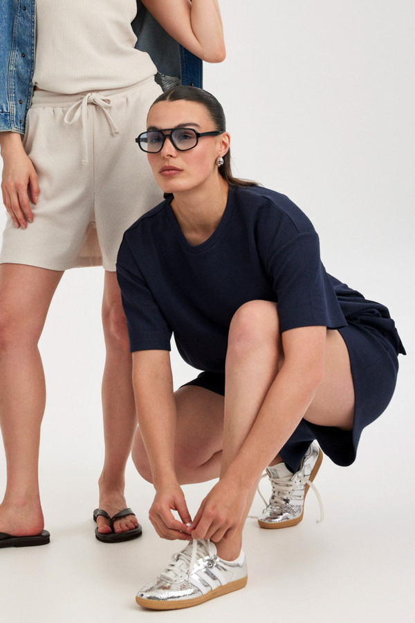 Navy Waffle Short-Sleeve Top