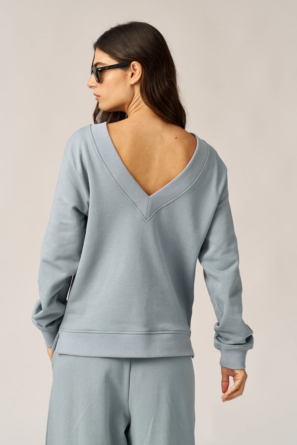 DUSTY BLUE FRENCH TERRY V-NECK SHIRT