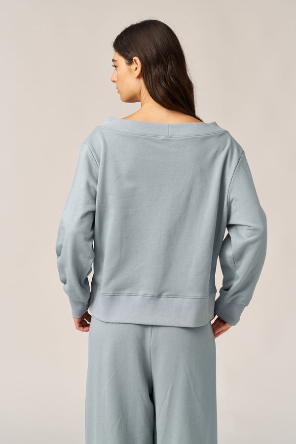 DUSTY BLUE FRENCH TERRY OFF-SHOULDER TOP
